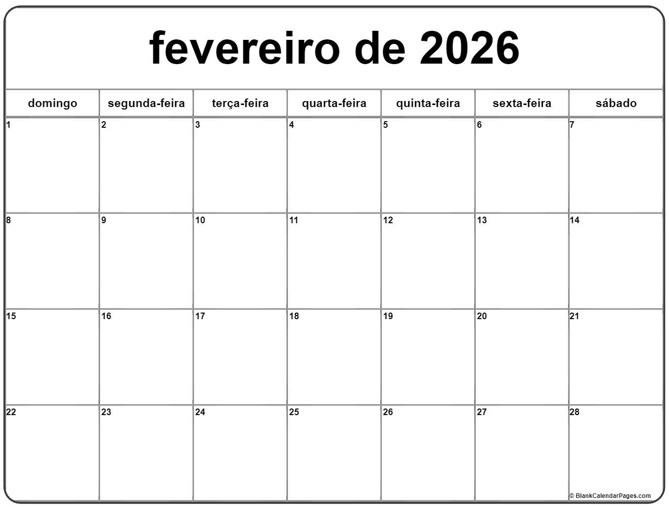 Fevereiro De 2026 Calendario Grátis Em Português | Calendario | Calendario de fevereiro e marco de 2026