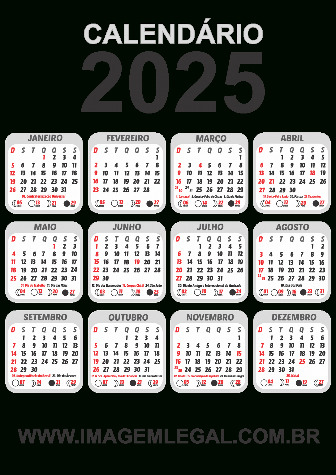 Grade Calendário 2025 Cinza Claro - Imagem Legal | Quarta Feira de Cinzas 2025 Calendário