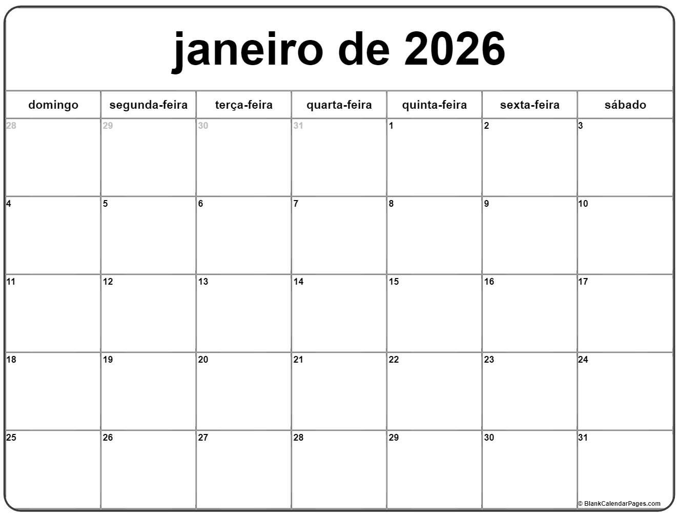 Janeiro De 2026 Calendario Grátis Em Português | Calendario Janeiro | Calendario janeiro 2026 imprimir