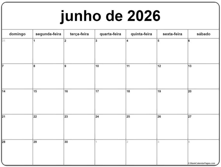 Calendario de junho de 2026