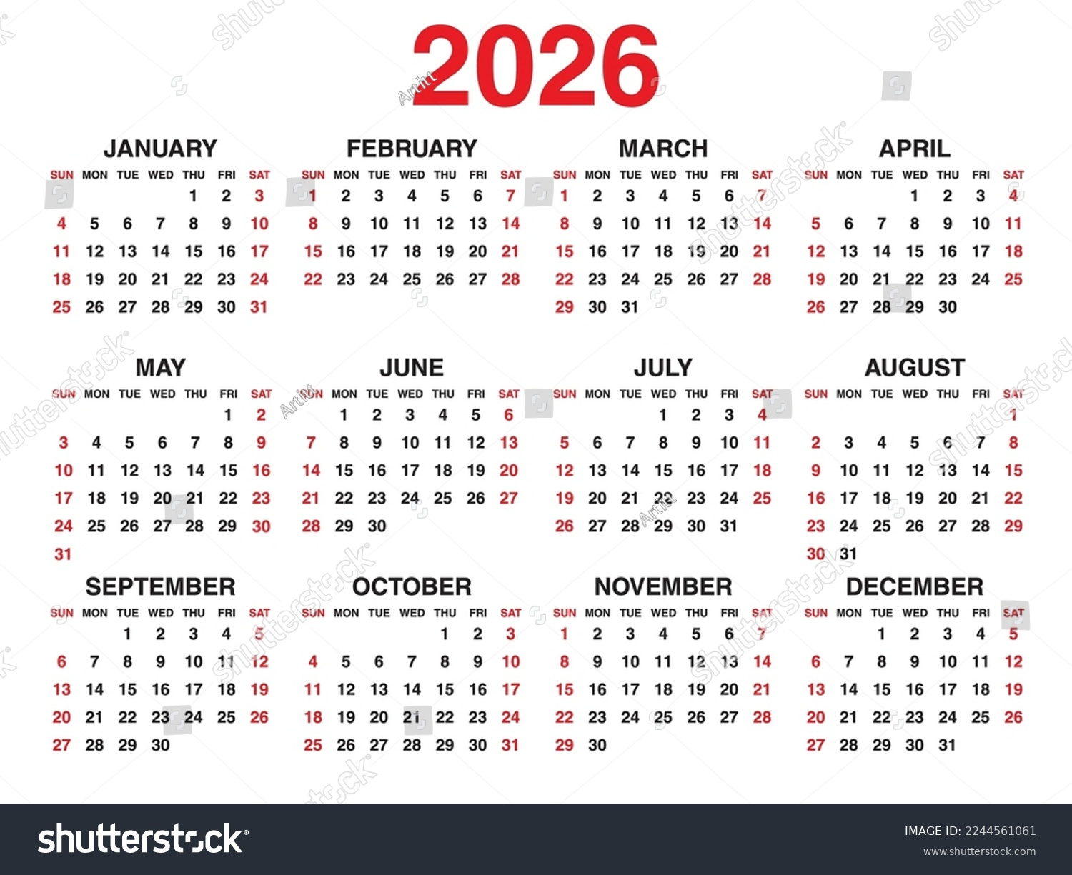 Kalender 2026 Jahre Vektorgrafik, Set Von: Stock-Vektorgrafik | Calendario 2026 Com Semanas