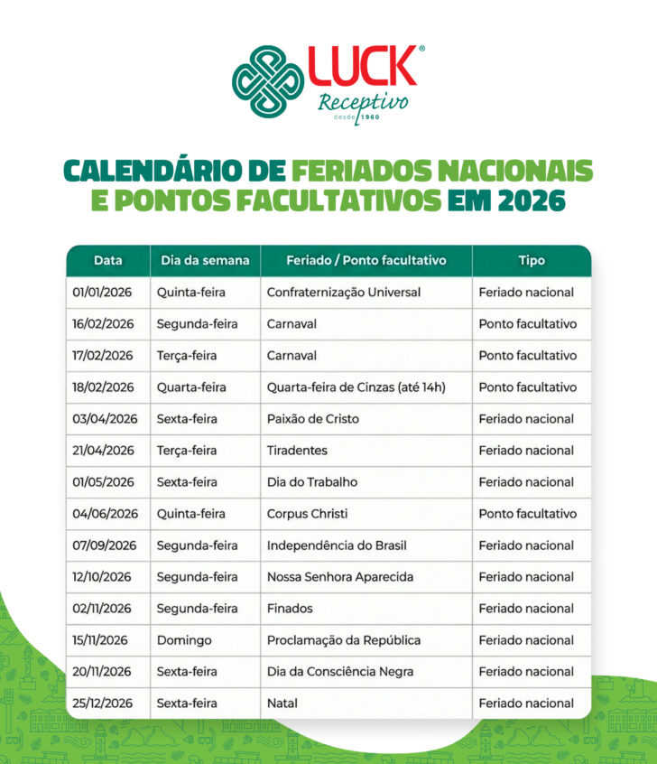Calendario 2026 com feriados Recife