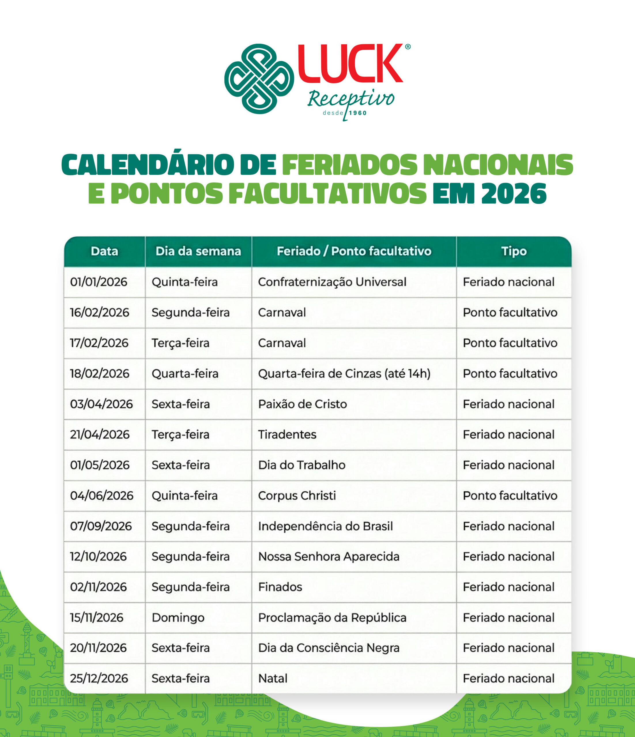 Luck Receptivo - Feriados Em 2026: Calendário De Feriados | Calendario feriados 2026 Recife