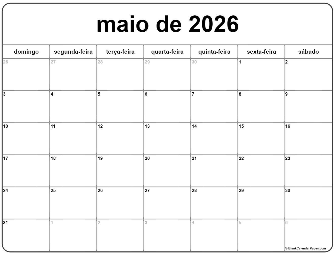 Maio De 2026 Calendario Grátis Em Português | Calendario Maio | Calendario Maio 2026 Para Imprimir
