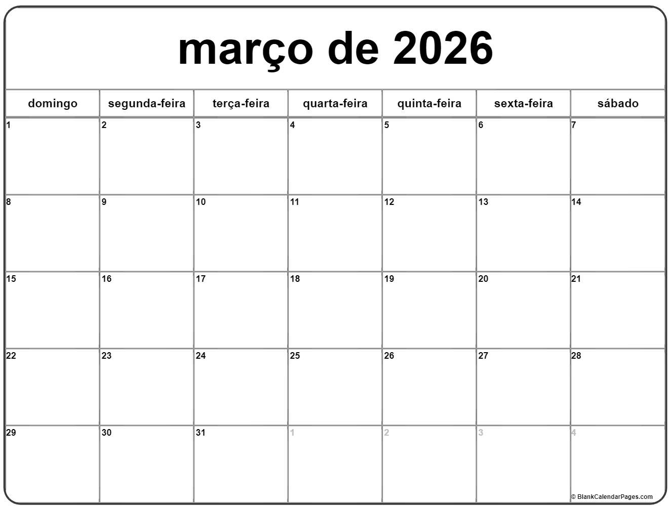 Março De 2026 Calendario Grátis Em Português | Calendario Março | Calendario De 2026 Marco