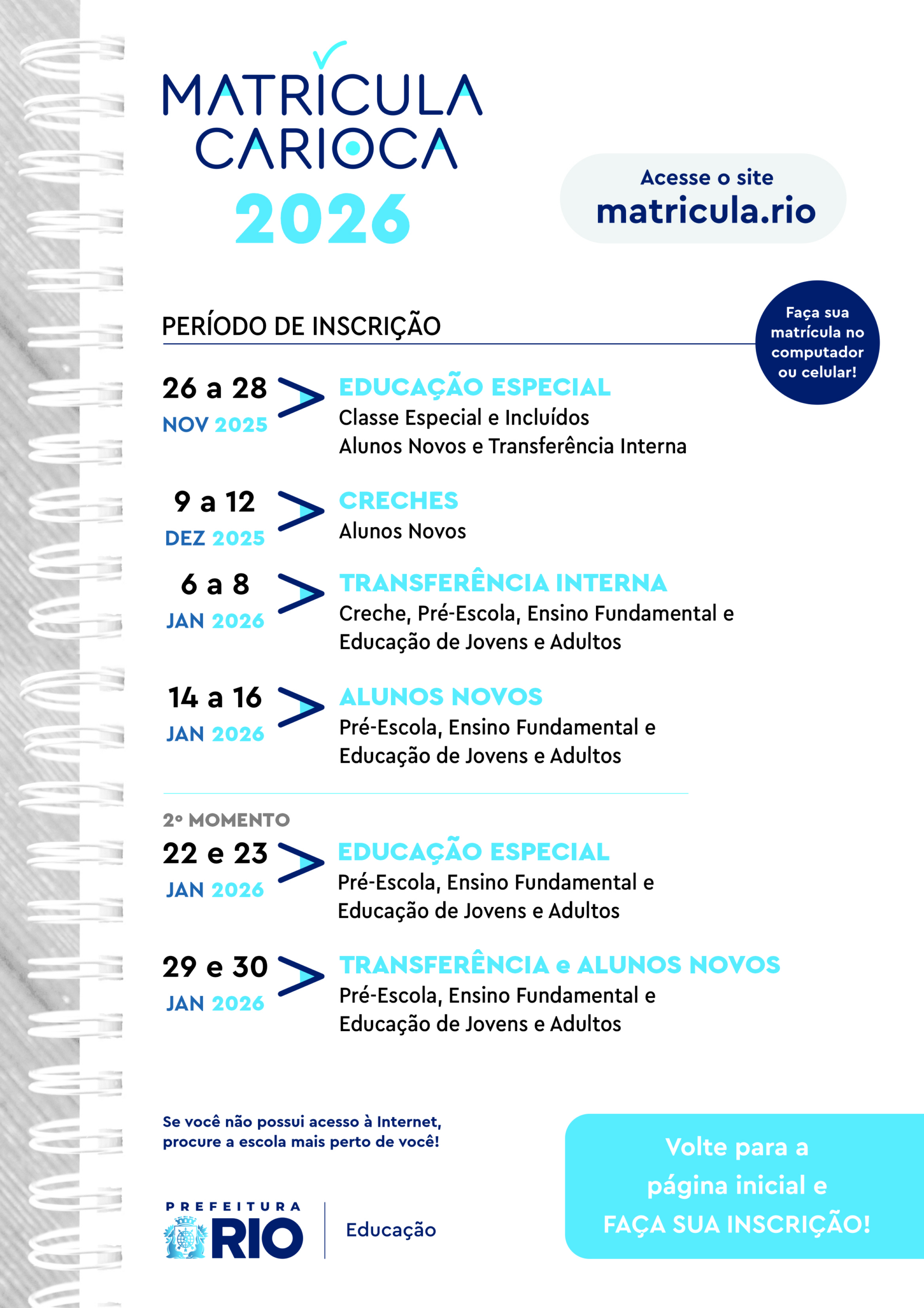 Matrícula 2026 - Inscrições On-Line ::. | Calendario escolar 2026 RJ