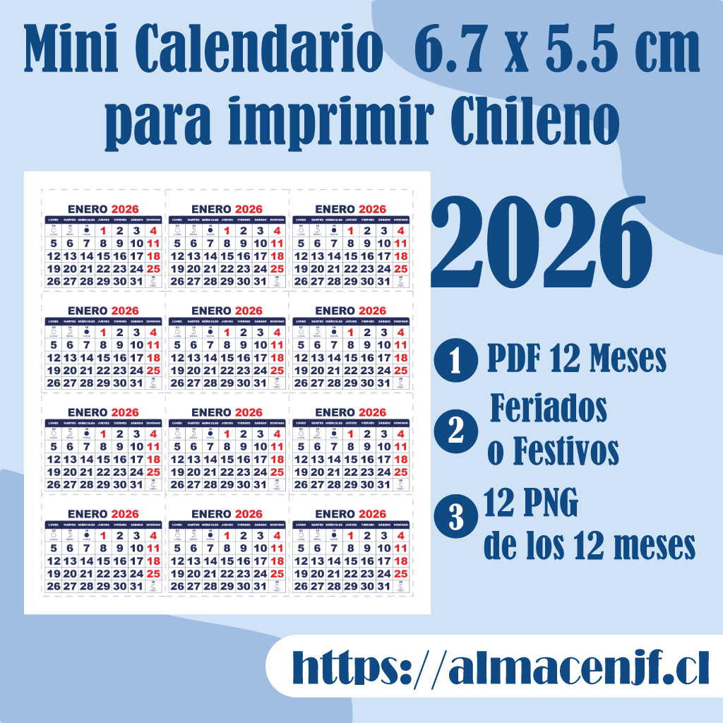 Mini Calendario 6.7 X 5.5Cm 2026 En Pdf Para Imprimir - Chilenos | Mini Calendario 2026 Para Imprimir