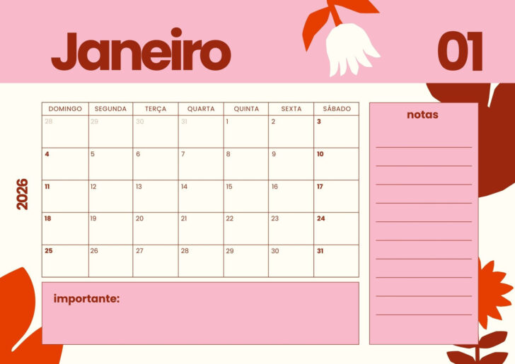 Calendario janeiro 2026 imprimir
