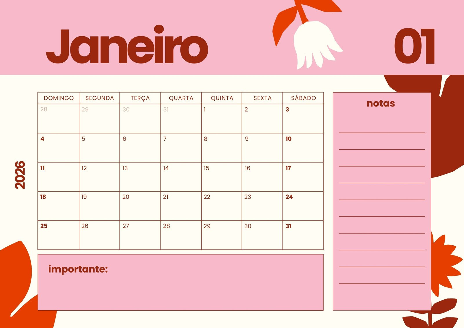 Modelos De Calendários Para Janeiro | Calendario Janeiro 2026 Imprimir