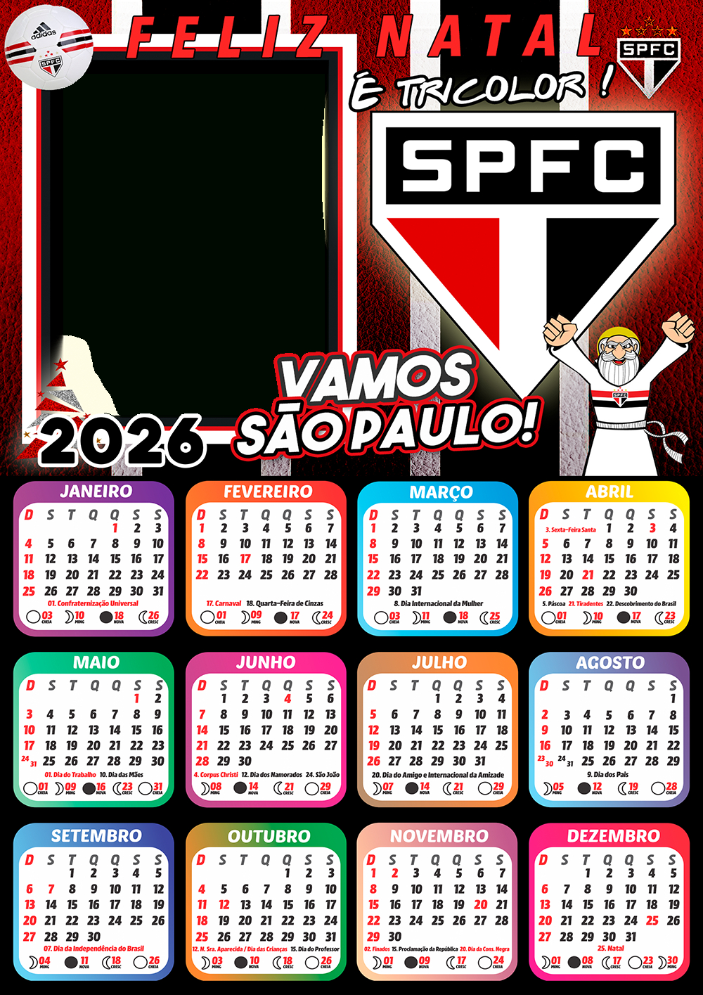 Moldura Calendário 2026 Feliz Natal São Paulo Tricolor Png | Calendario 2026 São Paulo
