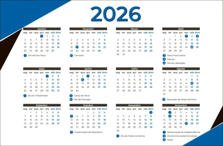 Calendario 2026 com feriados municipais Calendario 2026 com feriados municipais