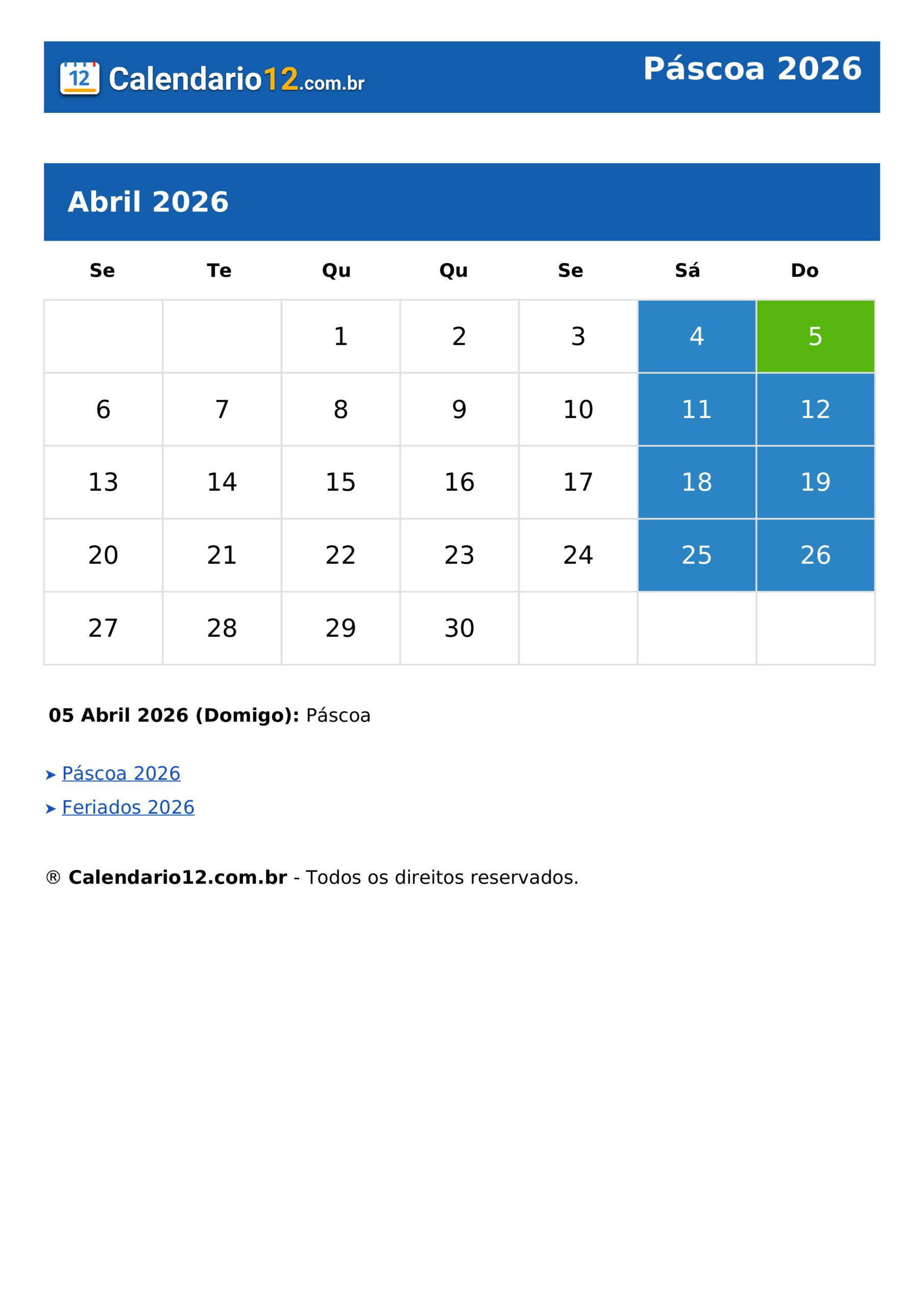 Páscoa 2026 ⬅️ Calendário — Calendario12.Br | Pascoa 2026 Data Calendario