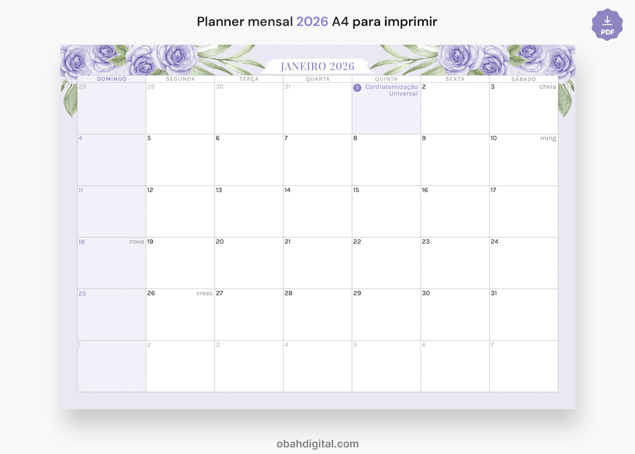 Planner Digital Mensal 2026 Para Imprimir A4 | Calendario Mensal 2026 Para Imprimir