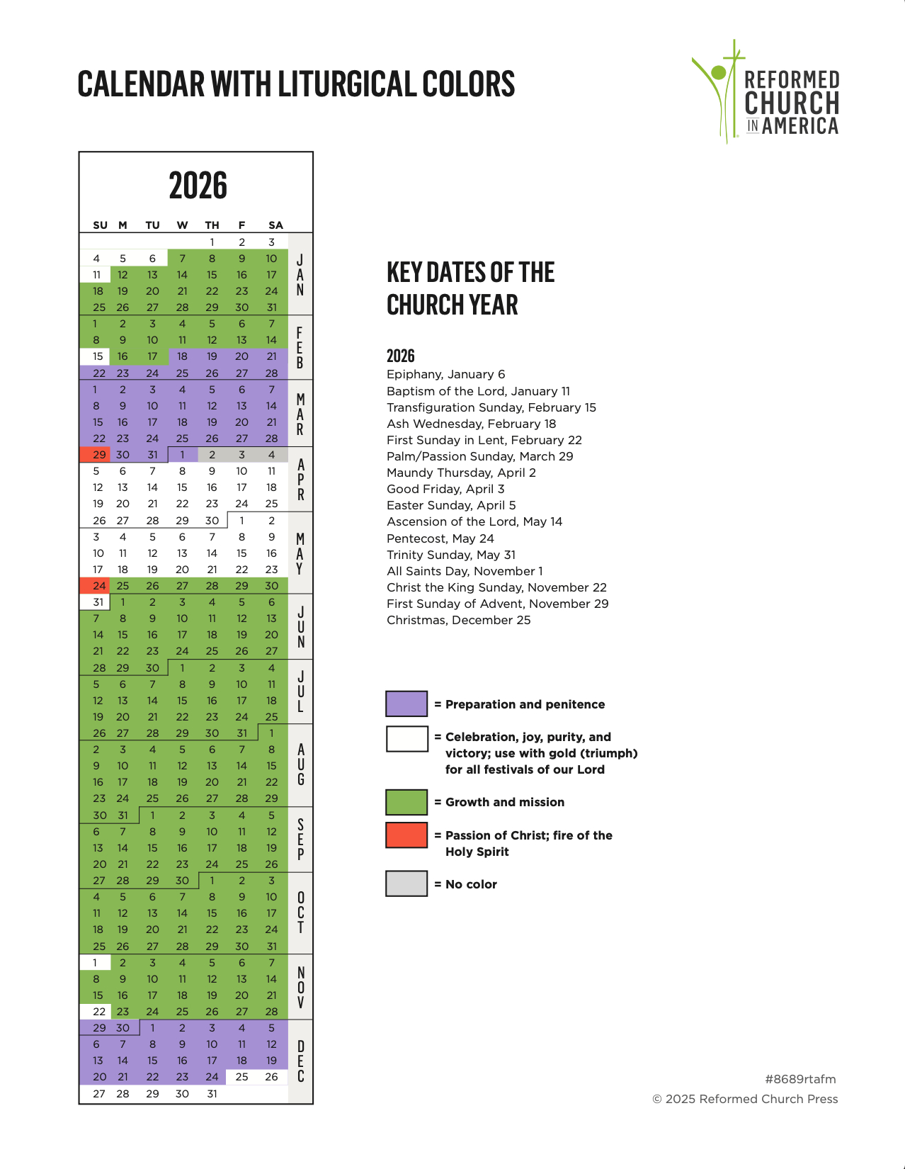 Rca Liturgical Calendar | Reformed Church In America | Calendario Liturgico 2026 Brasil