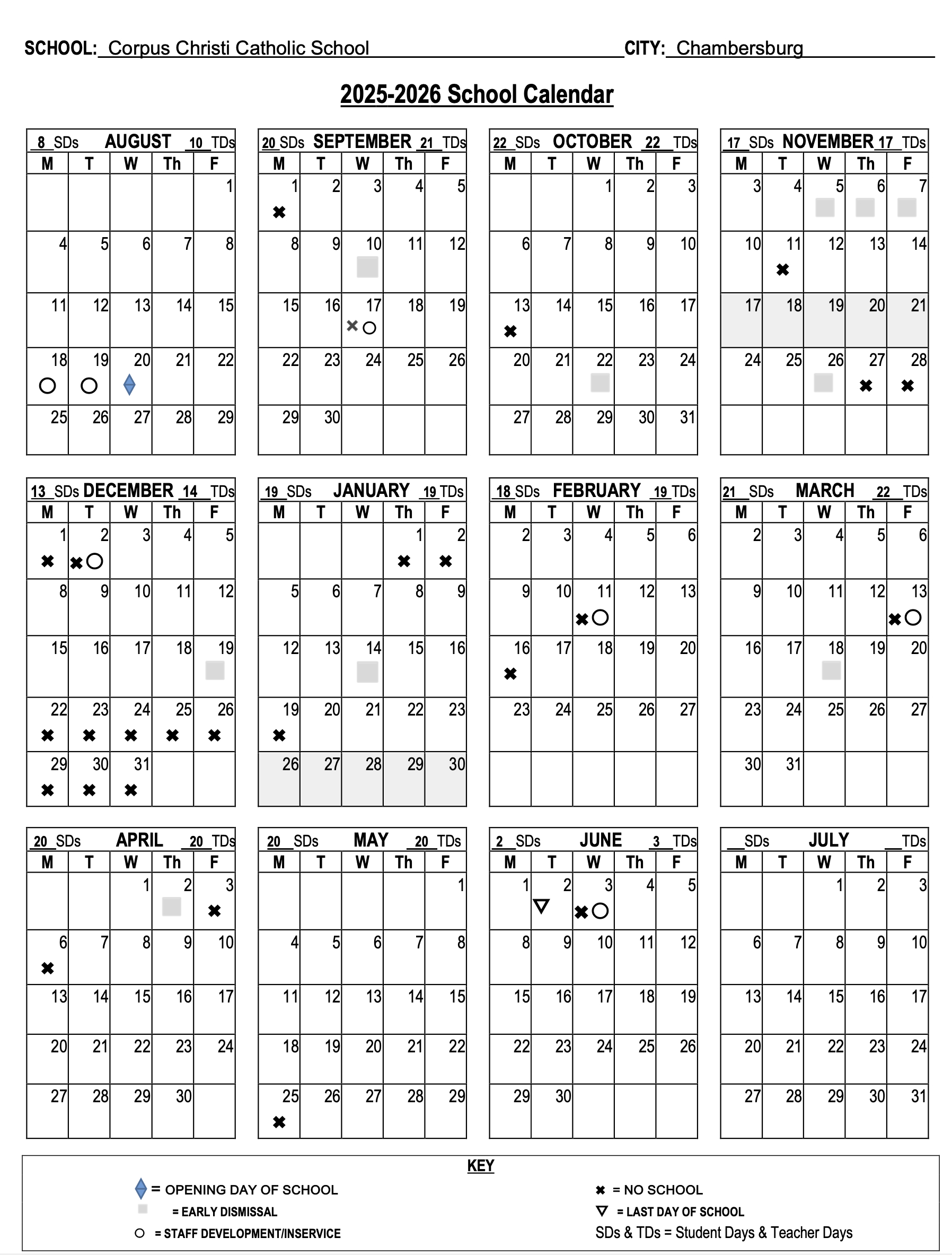 School Calendar — Corpus Christi Catholic School | Calendario Corpus Christi 2026