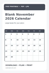 Blank November 2026 Calendar Printable With Large Boxes vertical Pinterest preview