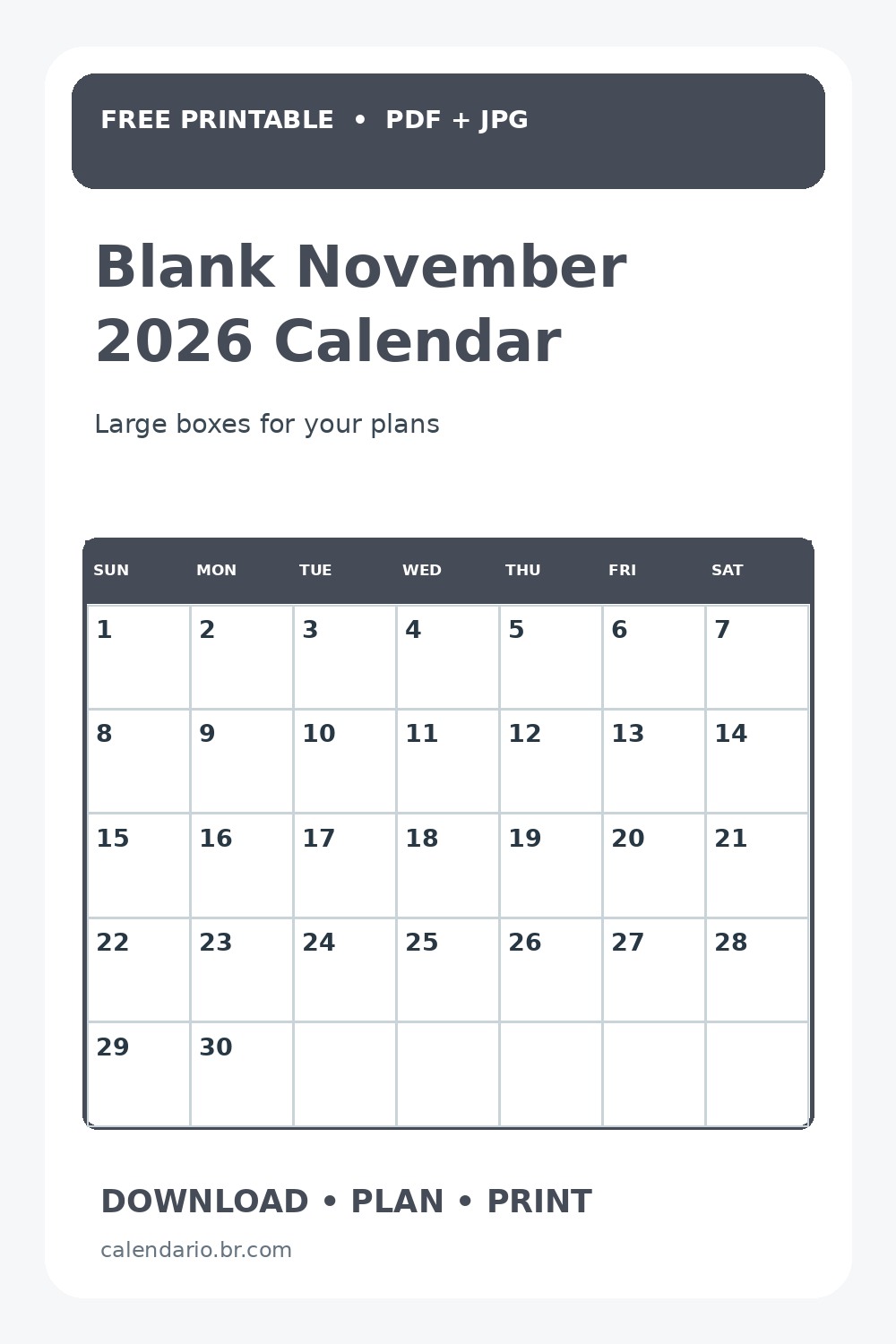 Blank November 2026 Calendar Printable With Large Boxes vertical Pinterest preview