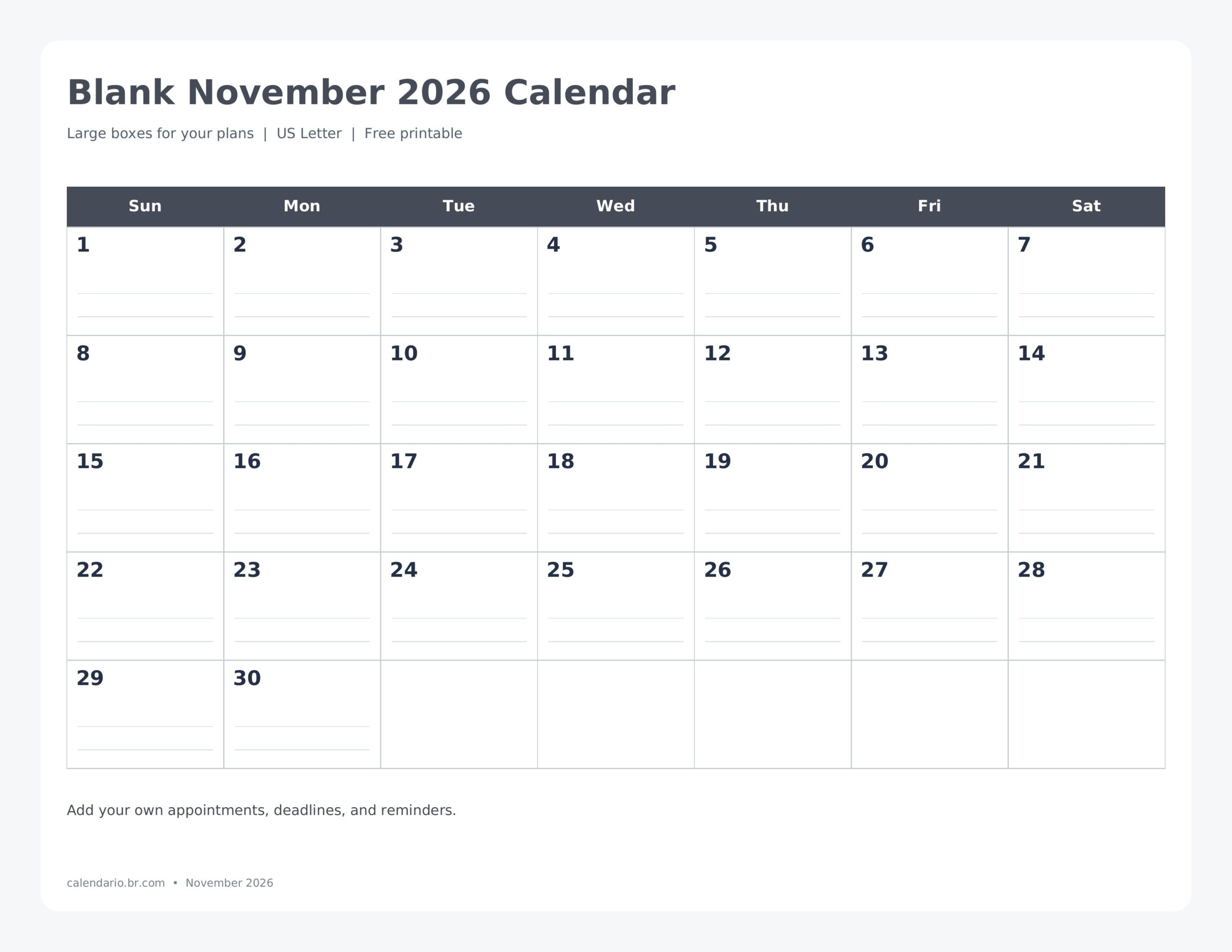 Blank November 2026 Calendar Printable With Large Boxes dated printable preview