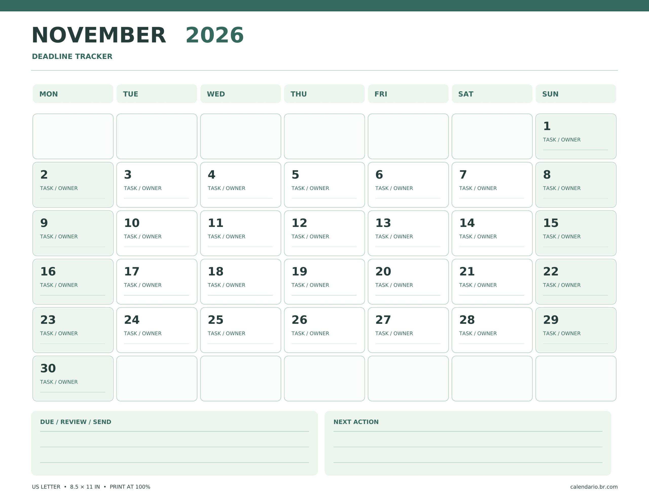 November 2026 dated calendar with deadline tracker area
