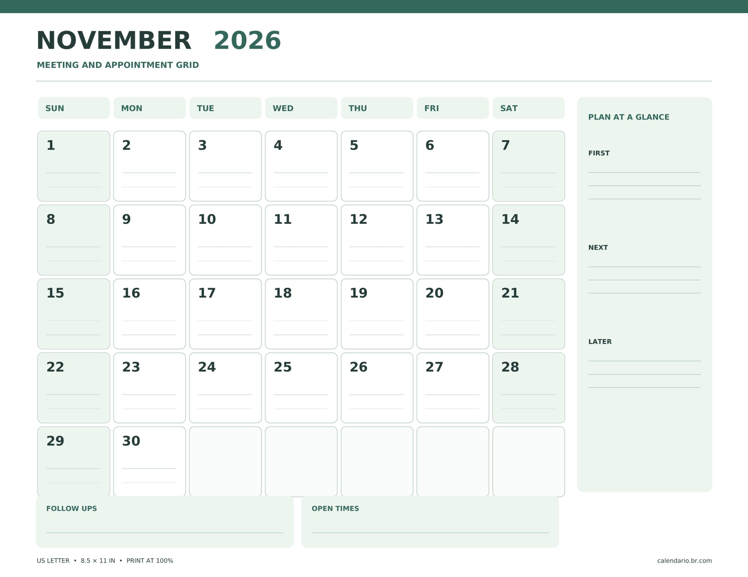 November 2026 Sunday-start meeting and appointment calendar