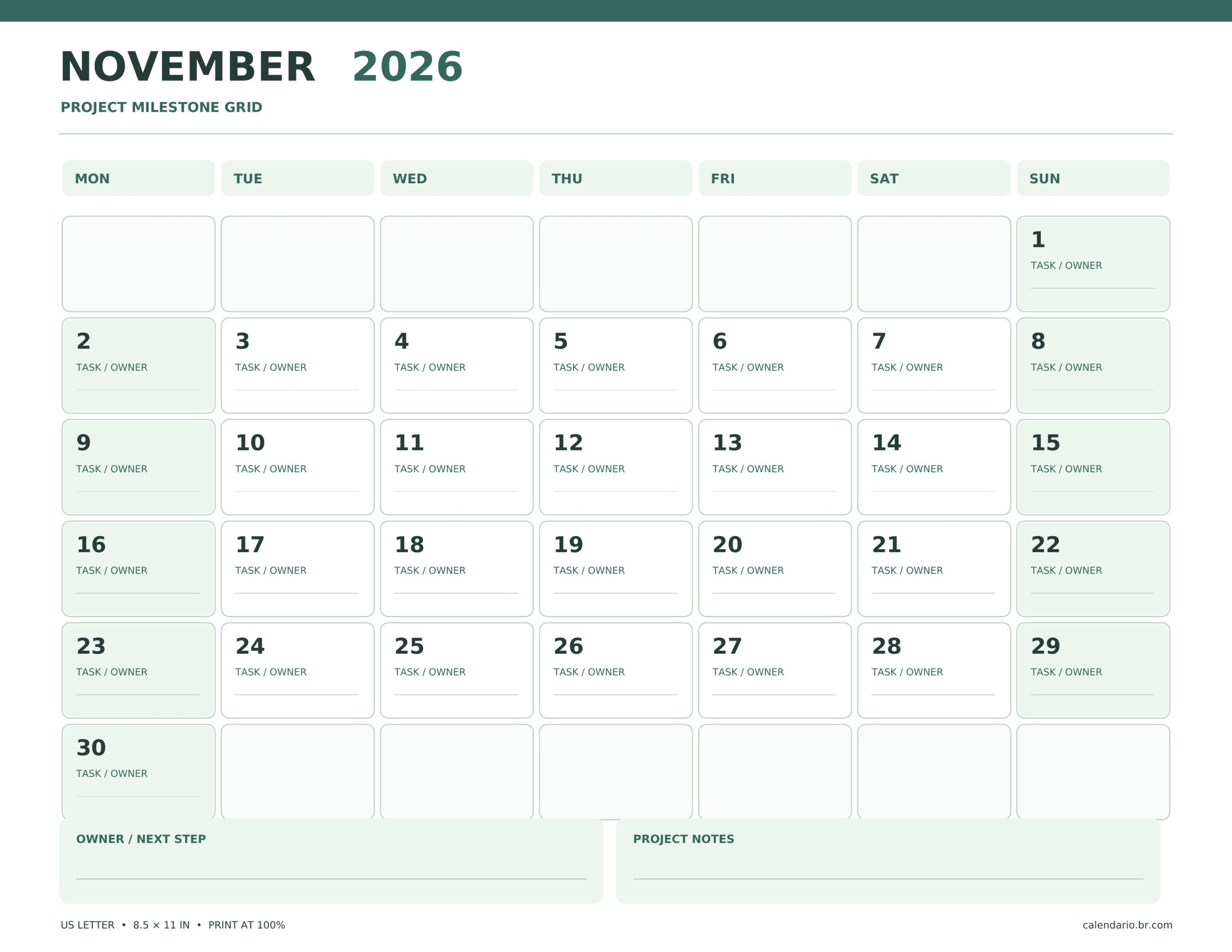 November 2026 project milestone calendar with Monday-first dated grid