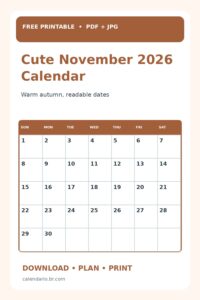 Cute November 2026 Calendar Printable in Fall Colors vertical Pinterest preview