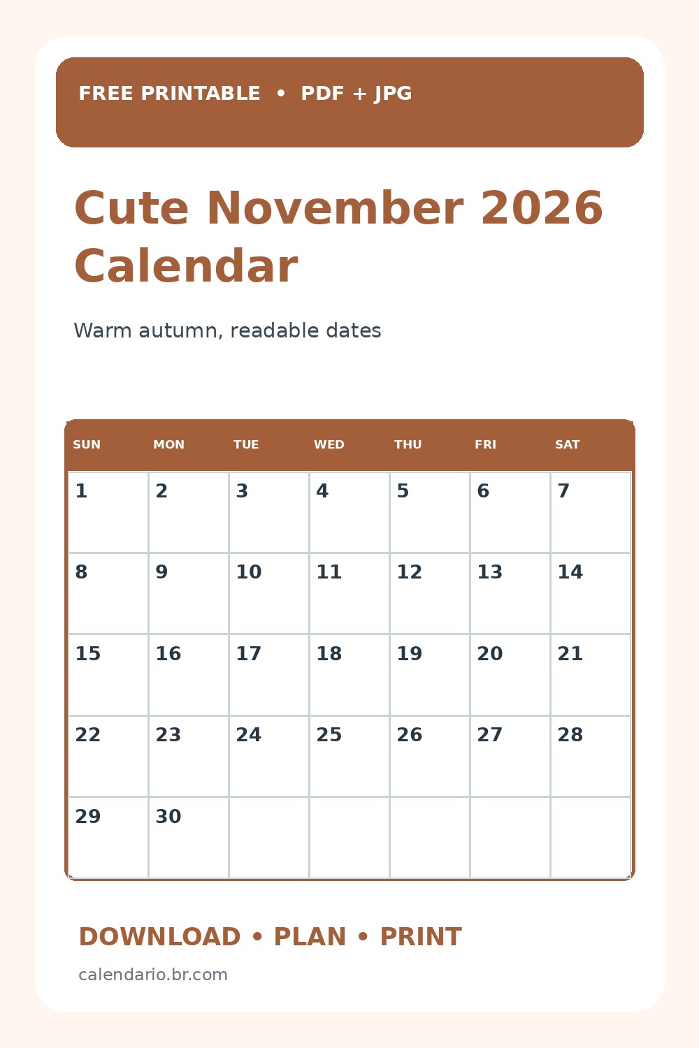 Cute November 2026 Calendar Printable in Fall Colors vertical Pinterest preview