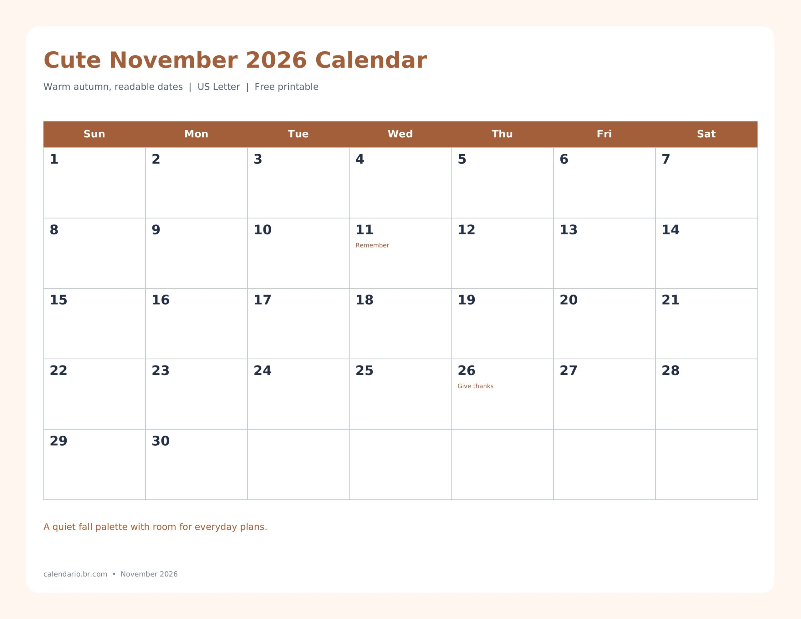 Cute November 2026 Calendar Printable in Fall Colors dated printable preview