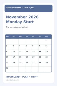 November 2026 Calendar Monday Start Printable vertical Pinterest preview