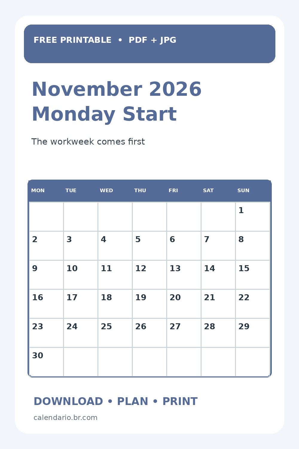 November 2026 Calendar Monday Start Printable vertical Pinterest preview