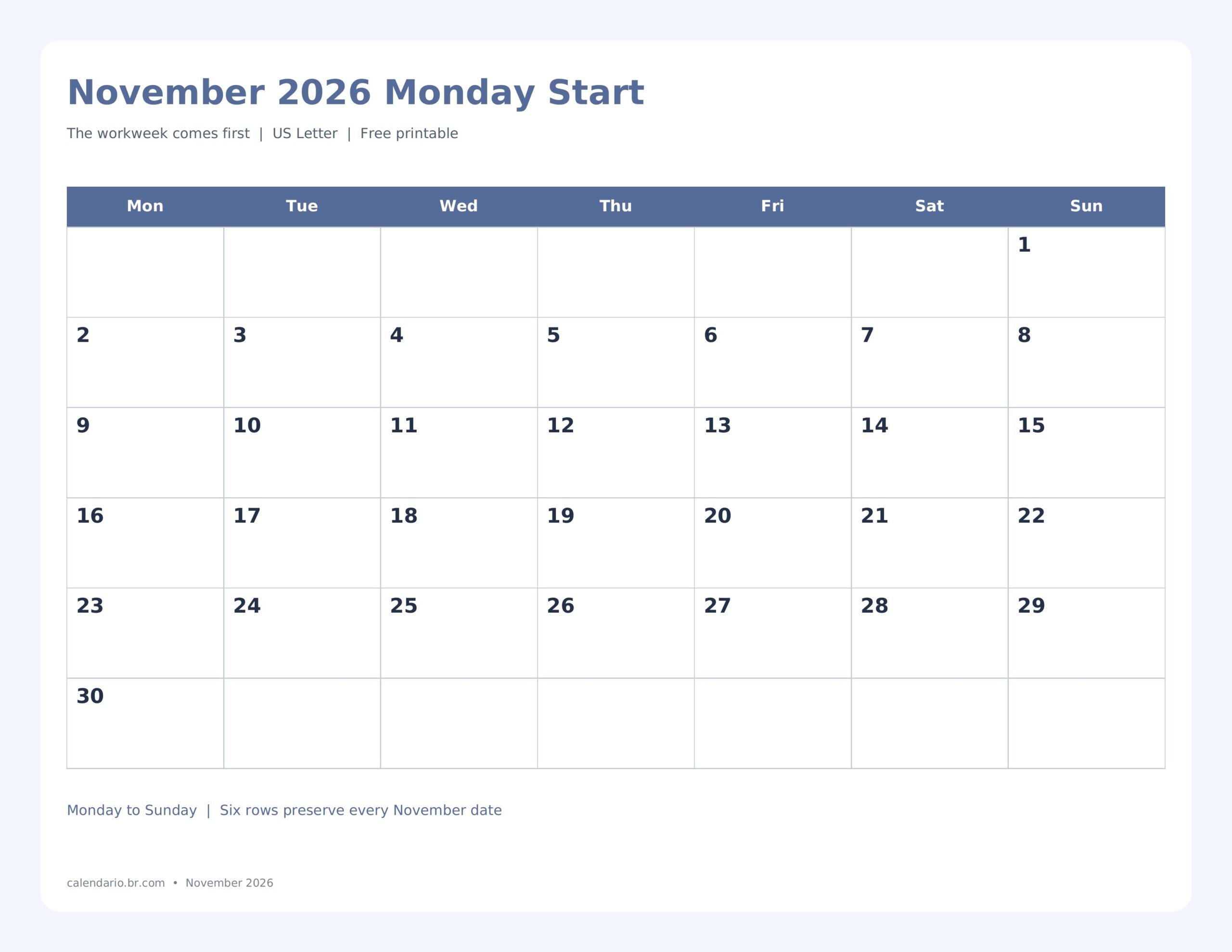 November 2026 Calendar Monday Start Printable dated printable preview
