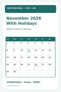 November 2026 calendar with holidays vertical Pinterest preview