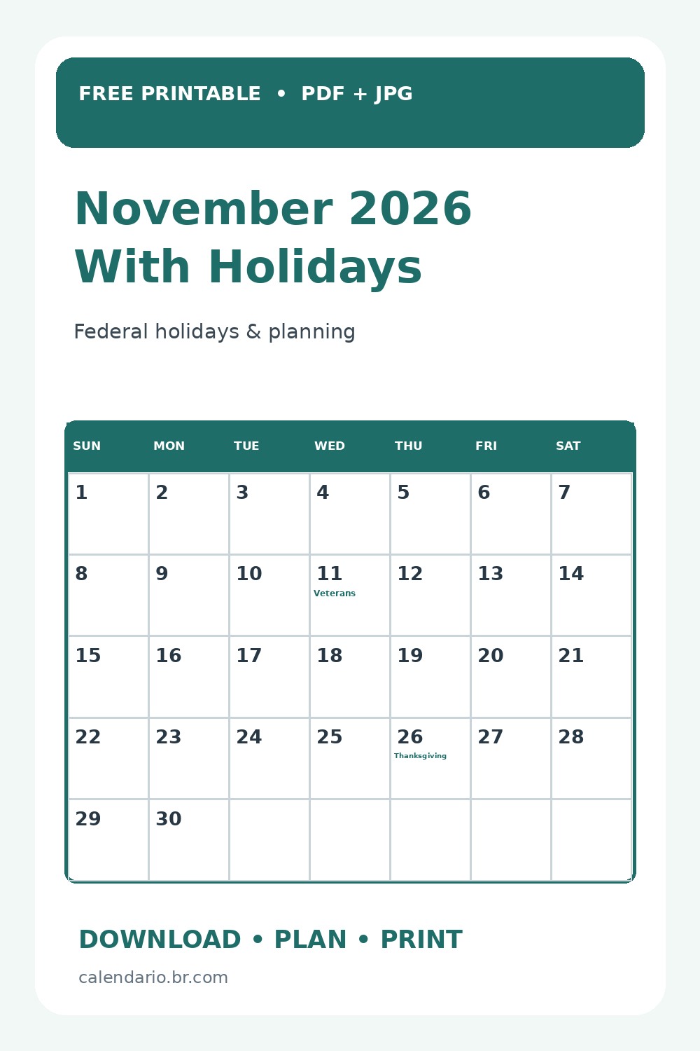 November 2026 calendar with holidays vertical Pinterest preview