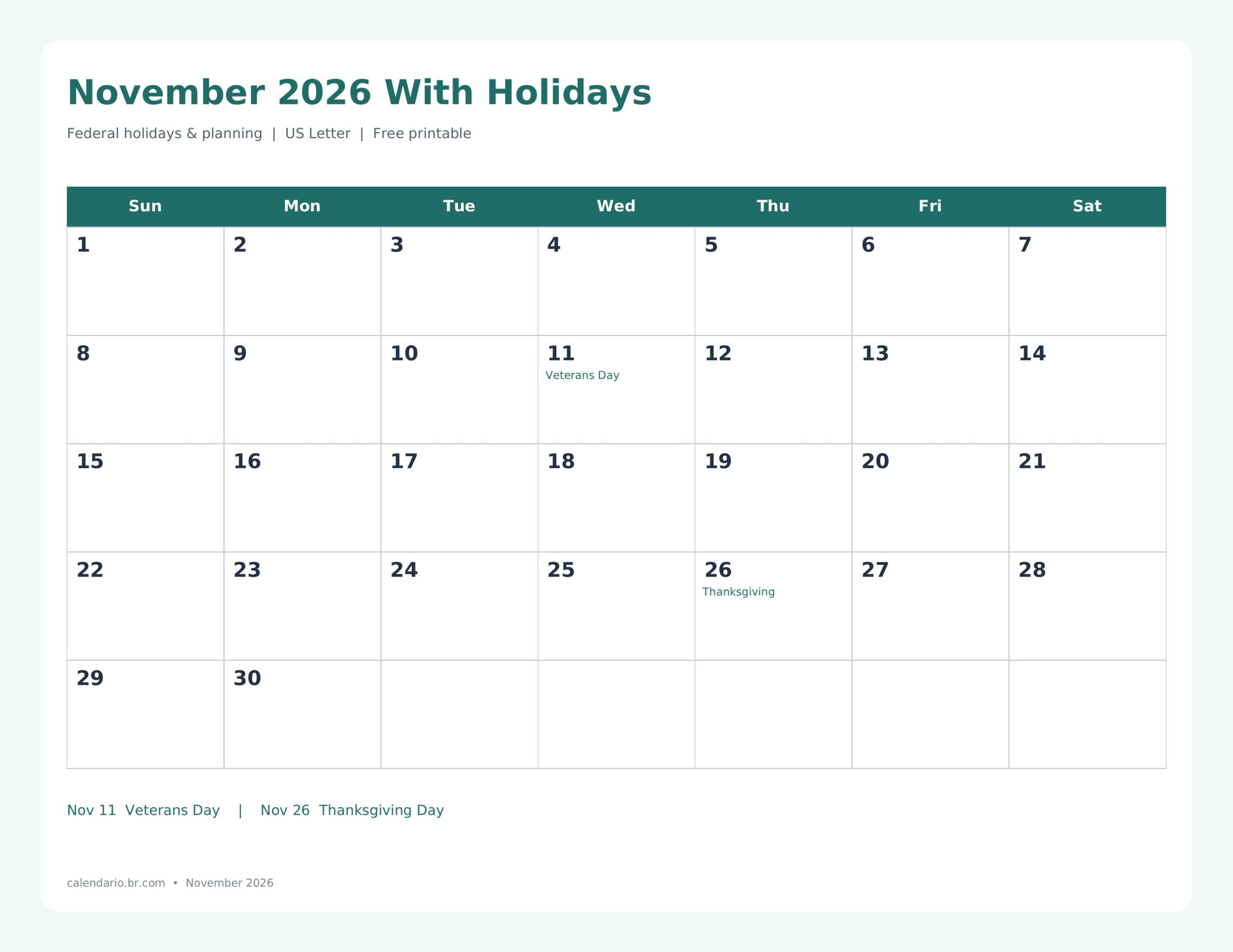 November 2026 Calendar With Holidays Printable dated printable preview