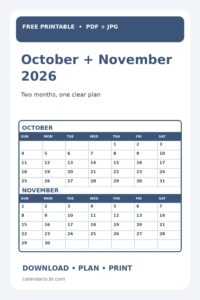 October and November 2026 calendar printable vertical Pinterest preview