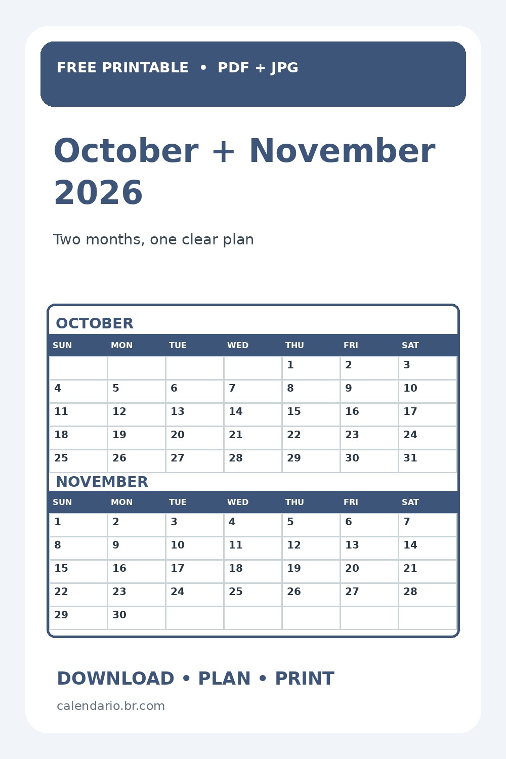 October and November 2026 calendar printable vertical Pinterest preview