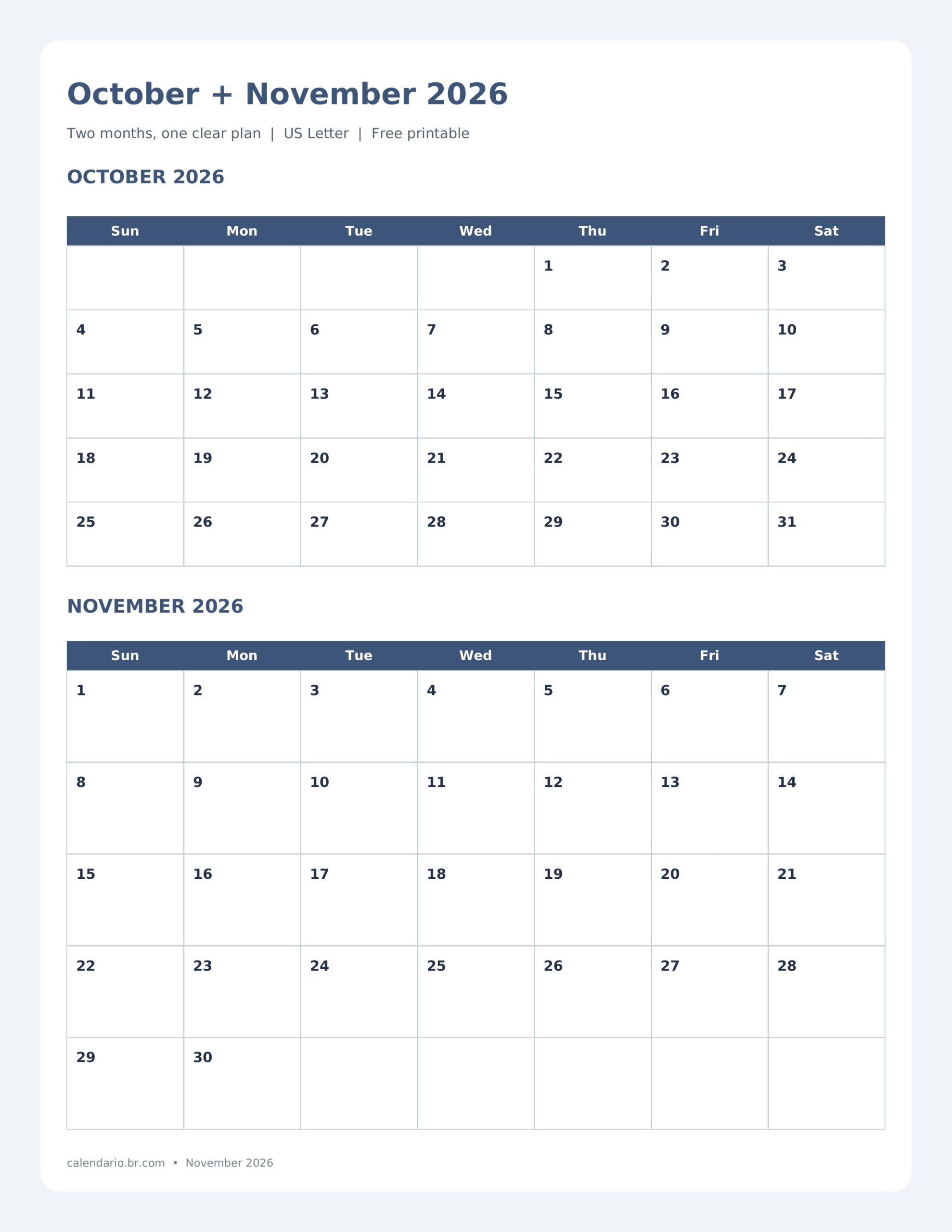 October and November 2026 Calendar Printable dated printable preview